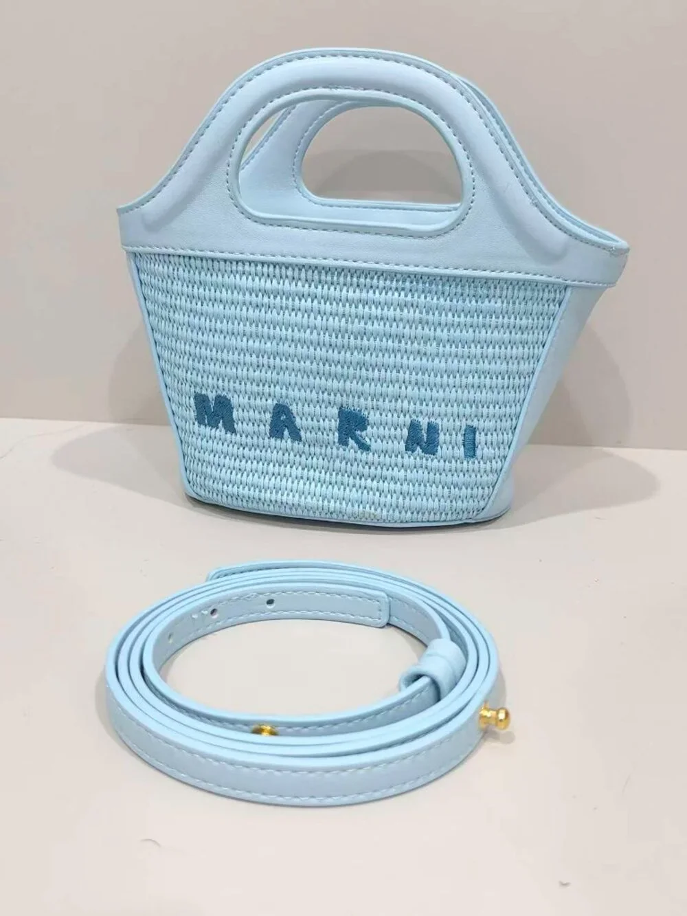 Marni Mini Light Blue Raffia Basket Tote Bag Removable Crossbody Strap